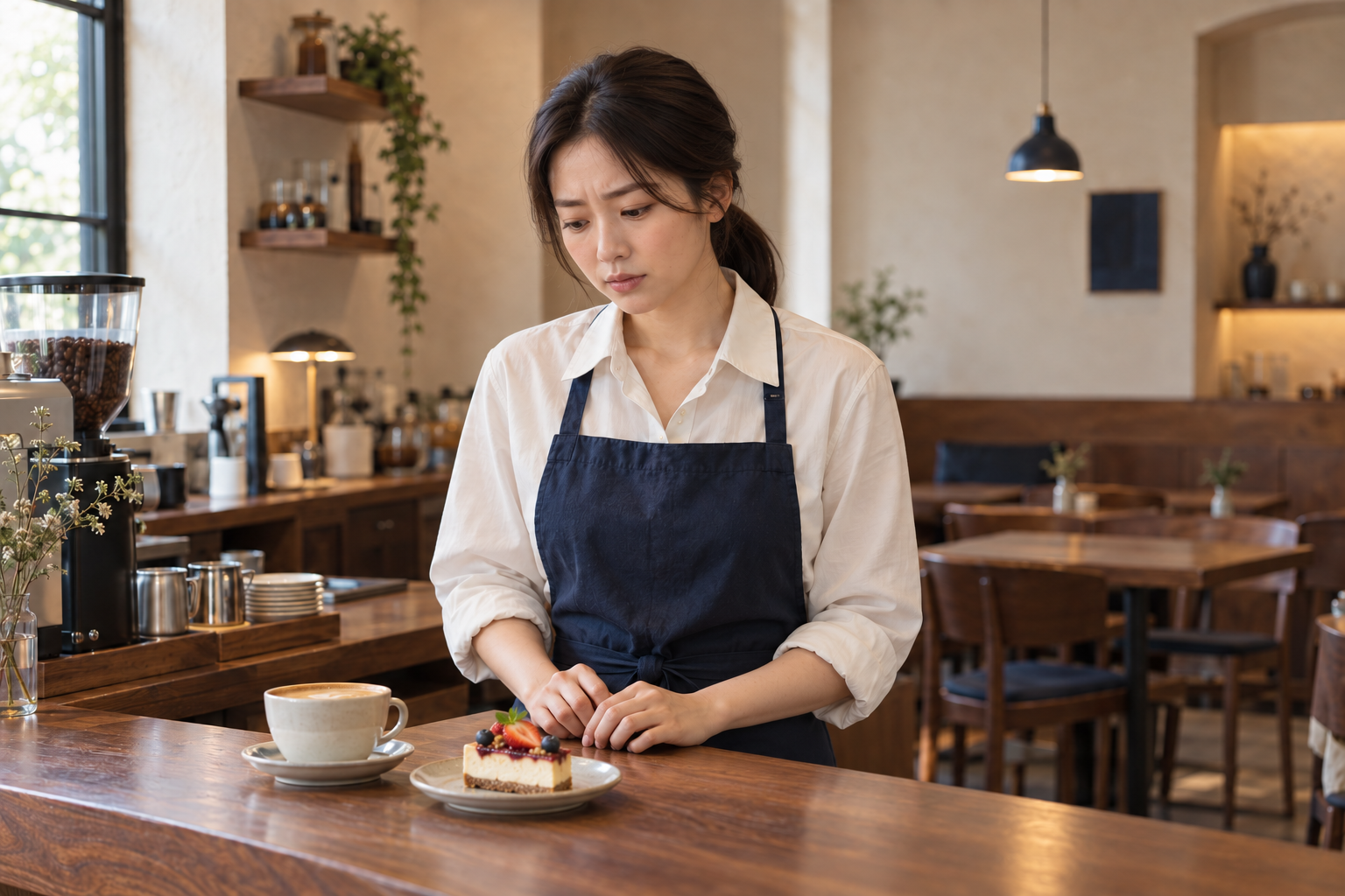 커피와 디저트를 바라보며 홍보 방법을 고민하는 가상의 카페 사장님