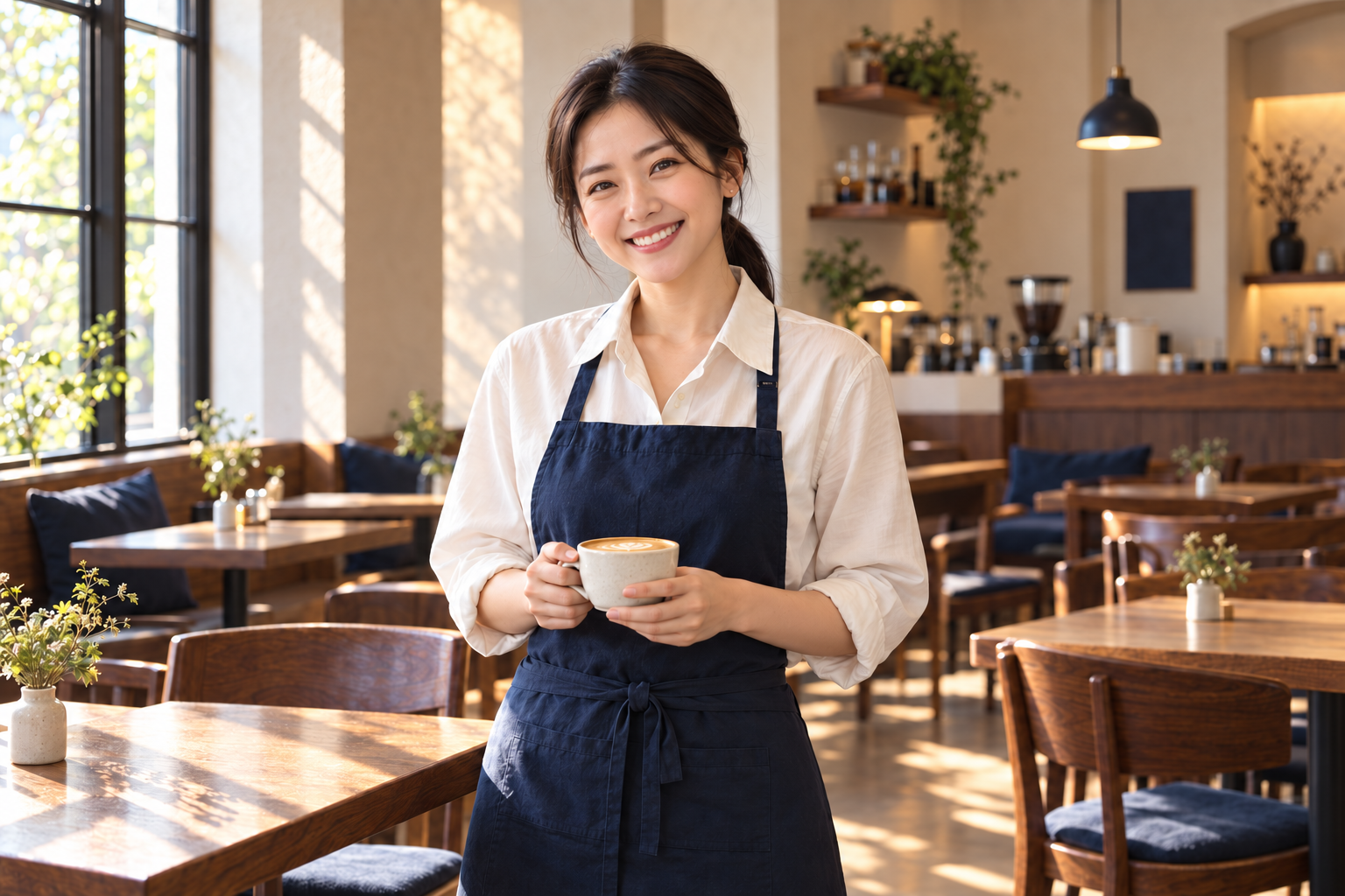 카페에서 커피 한 잔을 들고 정면을 바라보며 활짝 웃는 가상의 여성 사장님